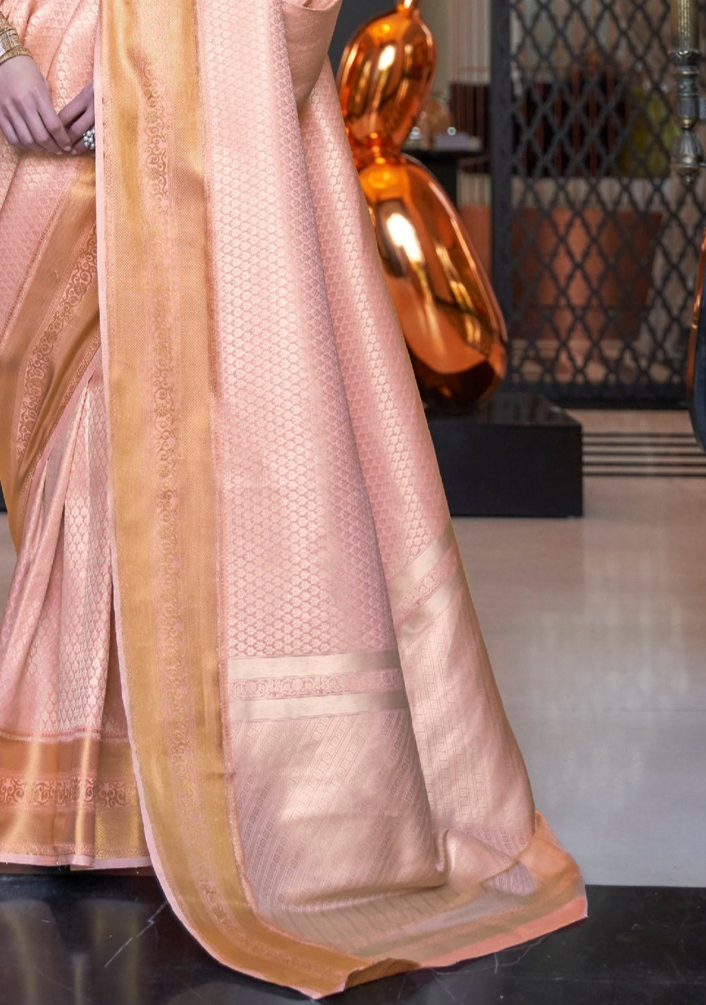 Soft Banarasi Silk Peach color Handloom Saree pallu design