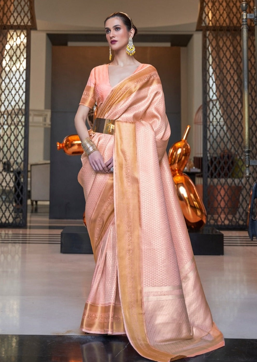 Bride in Soft Banarasi Silk Pastel Peach Handloom Saree