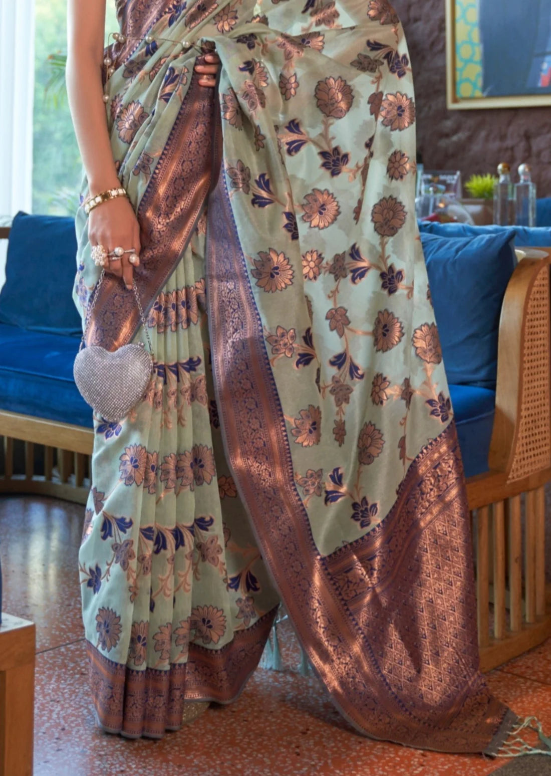 Soft hand dyeing banarasi organza weaving blue saree design.