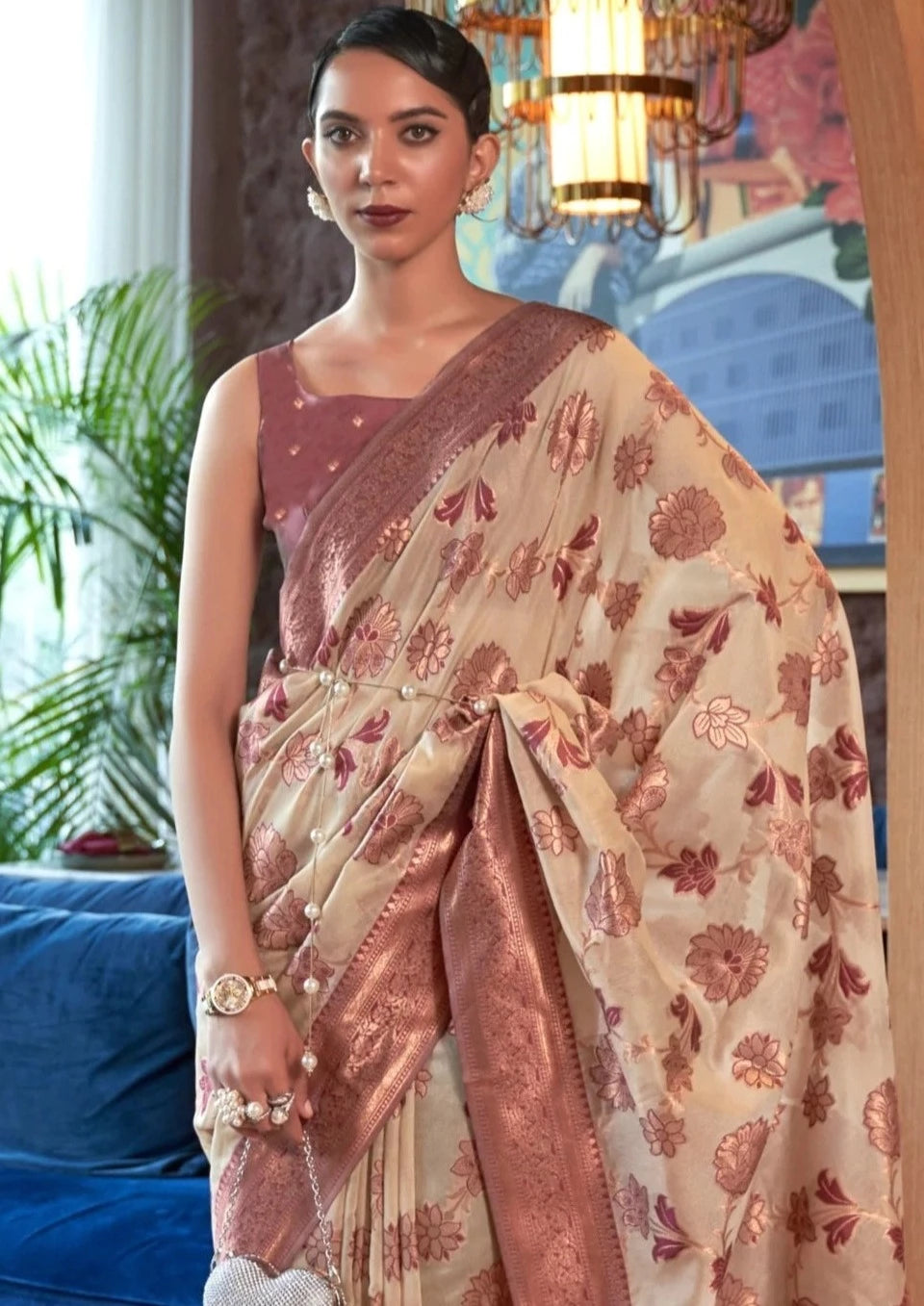 Pure banarasi organza zari work cream saree blouse online.