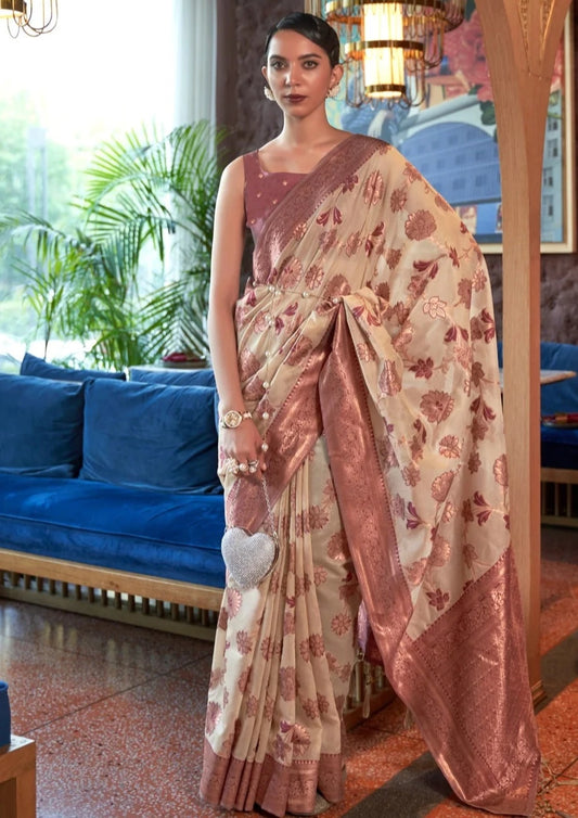 Bride in pure banarasi organza zari work saree blouse in cream colour having soft hand dyeing weaving.