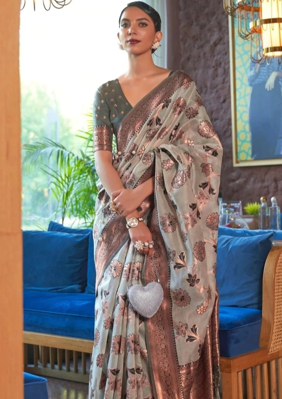 Woman in pure banarasi organza handloom grey saree blouse.