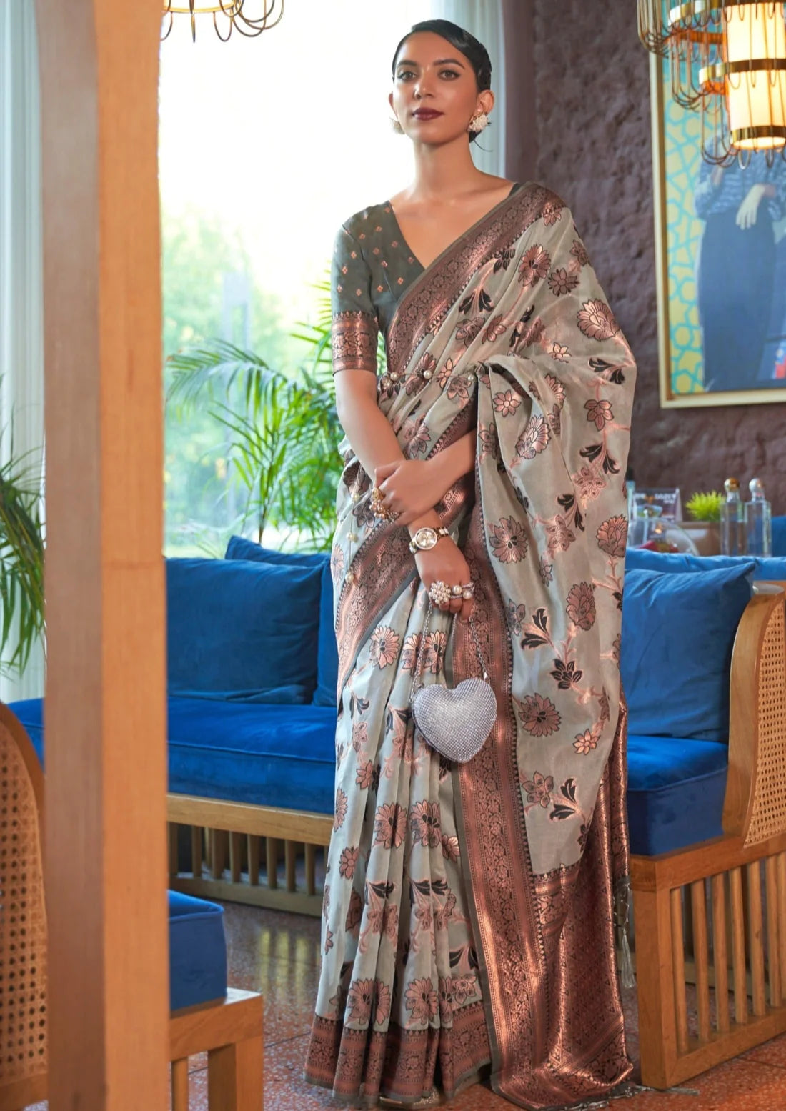 Bride in soft hand dyeing organza weaving grey saree blouse.