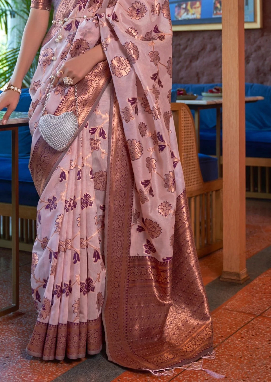 Pure banarasi organza handloom saree design in lilac purple color.