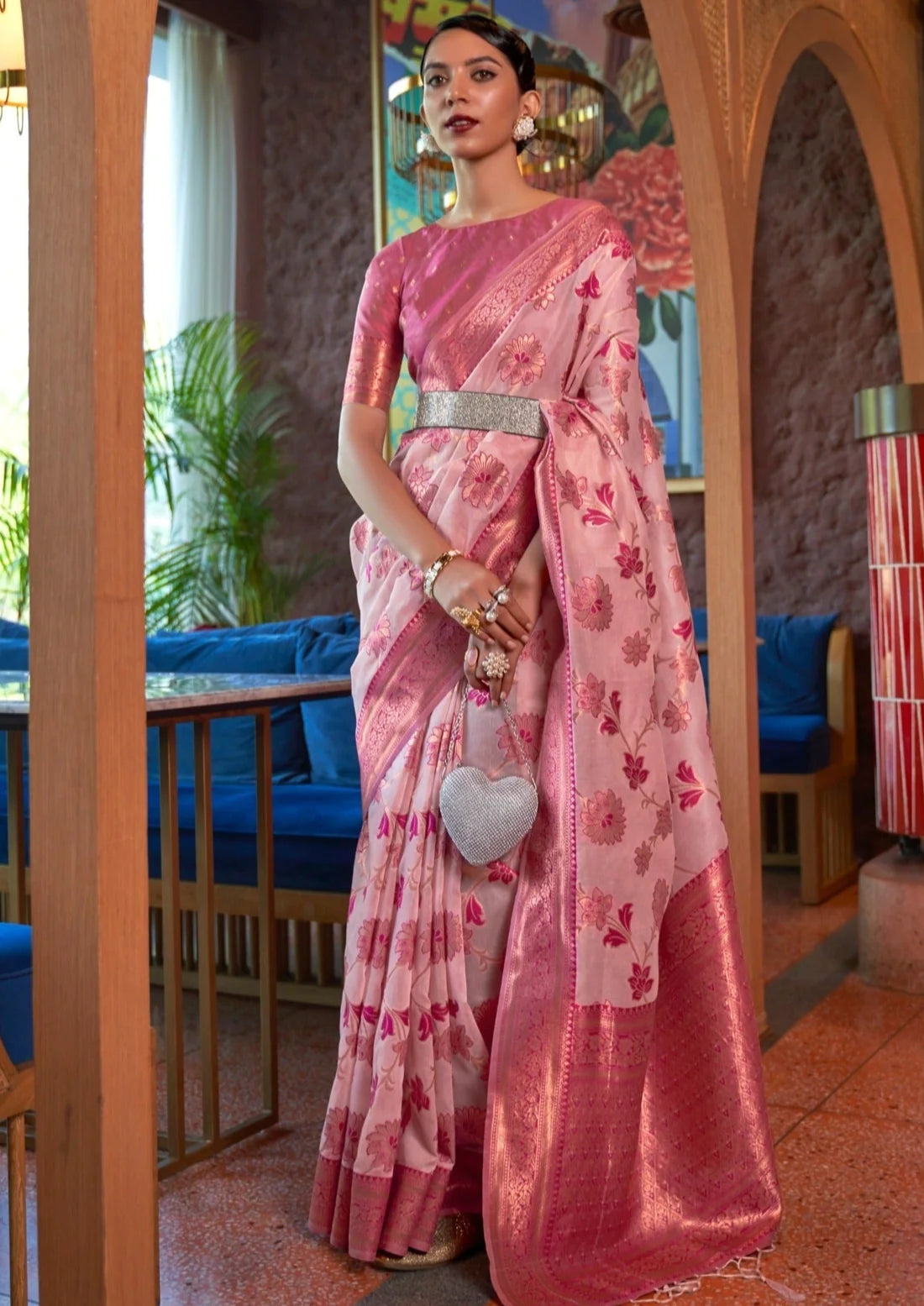 Soft Hand Dyeing Organza Weaving Pink Saree