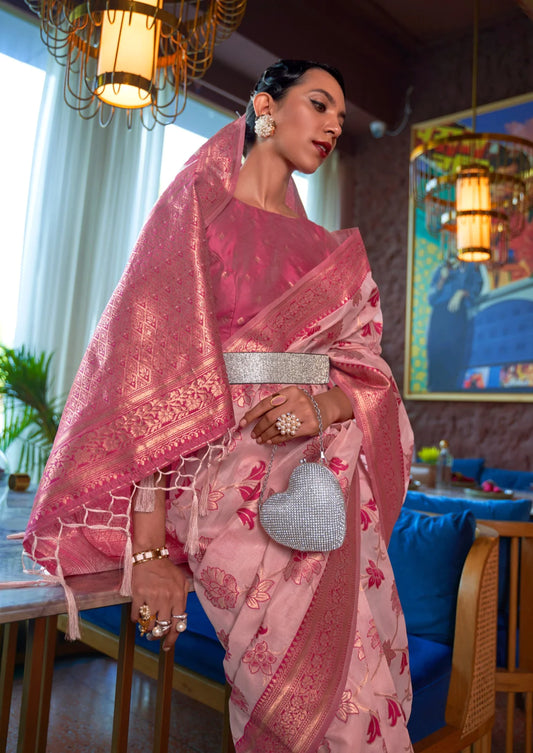 Soft Hand Dyeing Organza Weaving Pink Saree