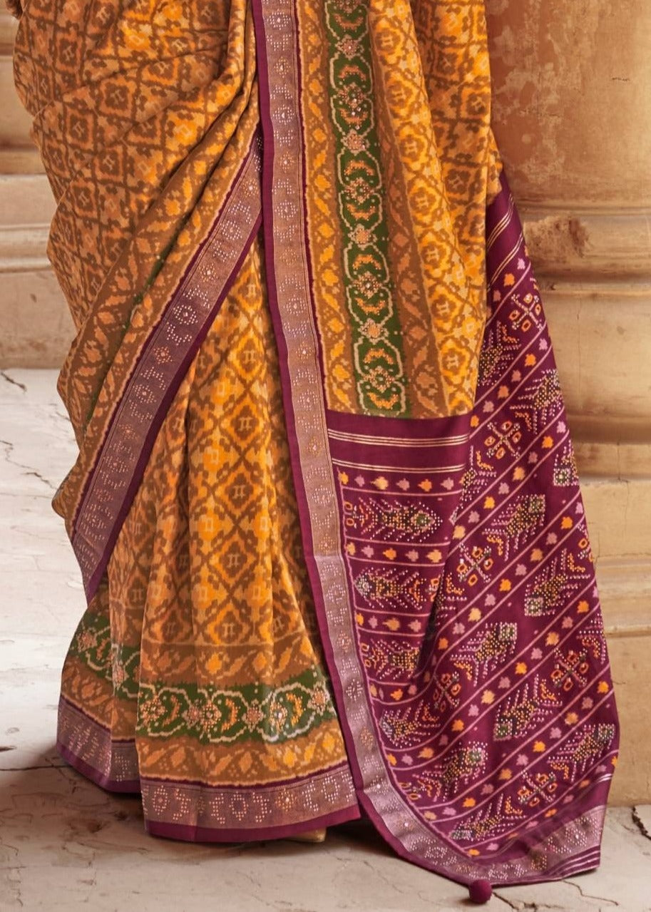 Yellow Designer Patola Silk Saree With Contrast Maroon Blouse