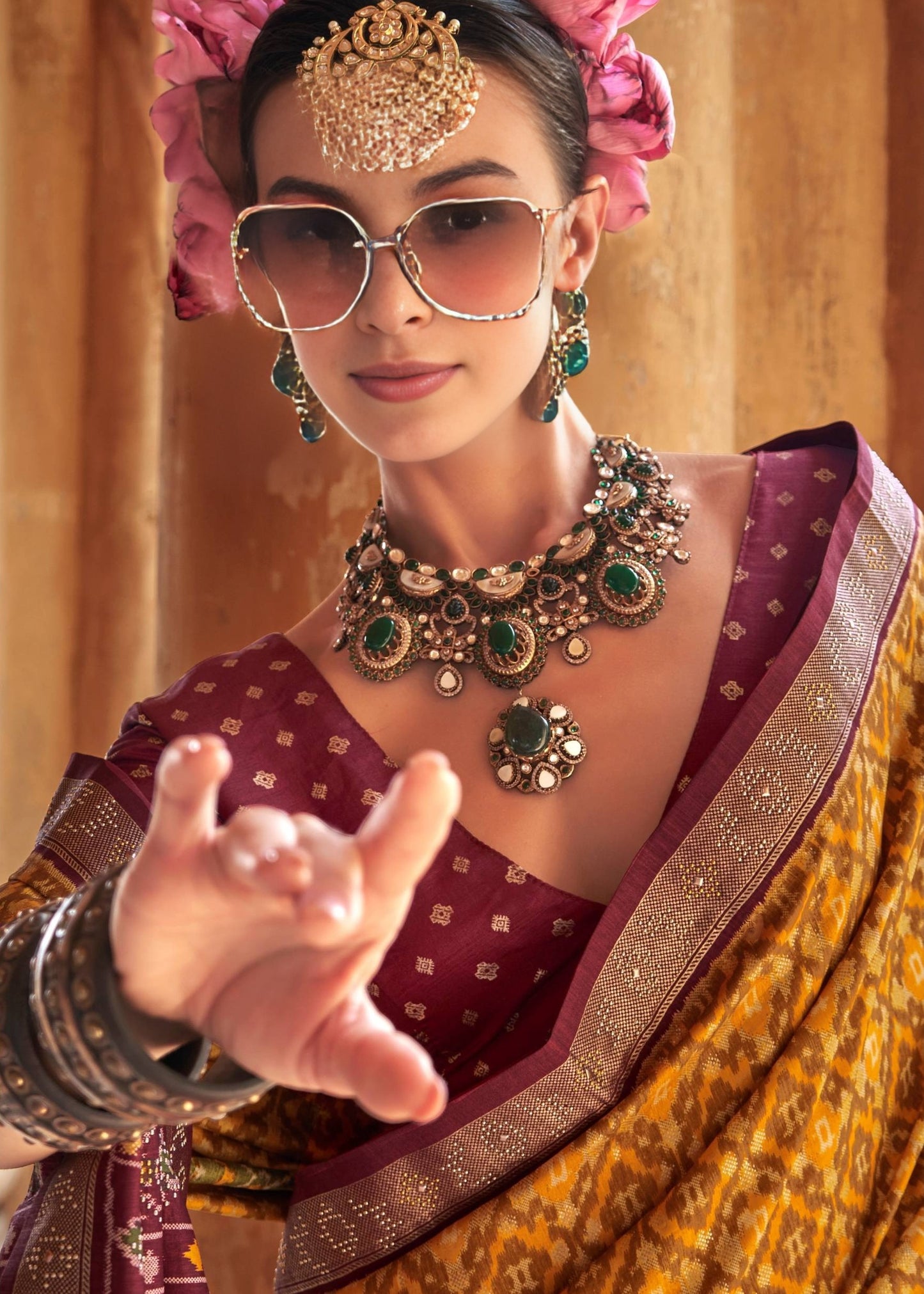 Yellow Designer Patola Silk Saree With Contrast Maroon Blouse