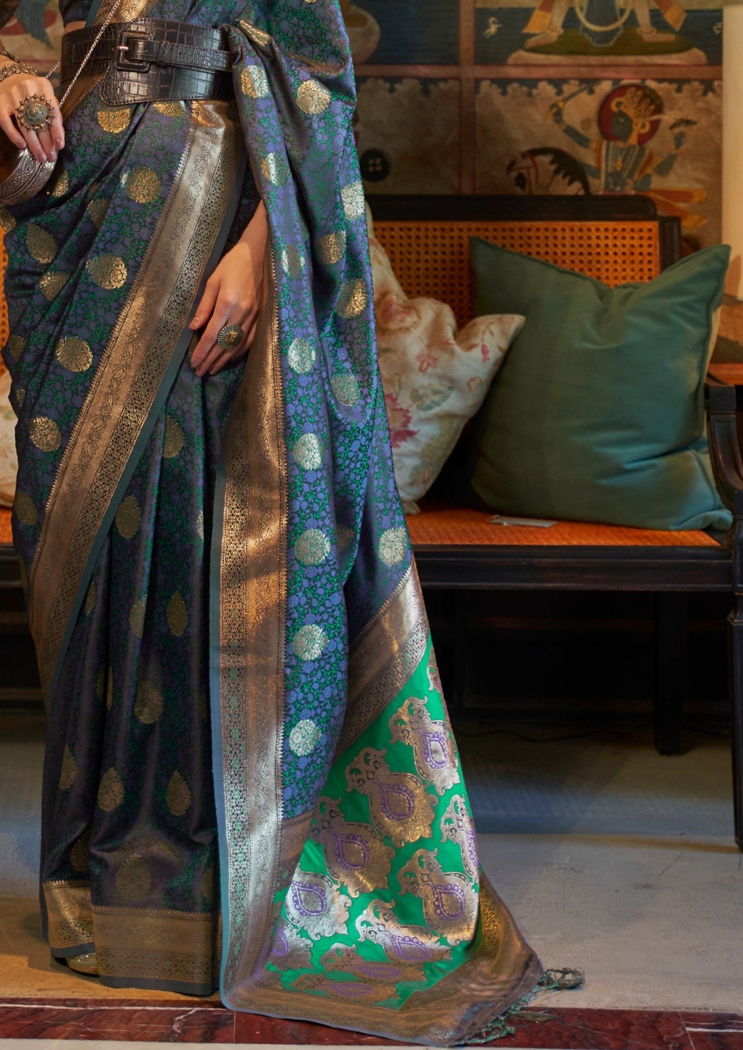 Teal Blue Pure Banarasi Satin Silk Handloom Saree Design