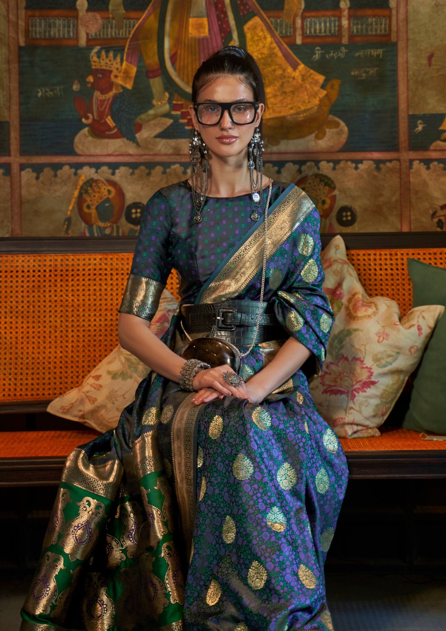 woman in Pure Banarasi Satin Silk Handloom Saree in teal blue colour