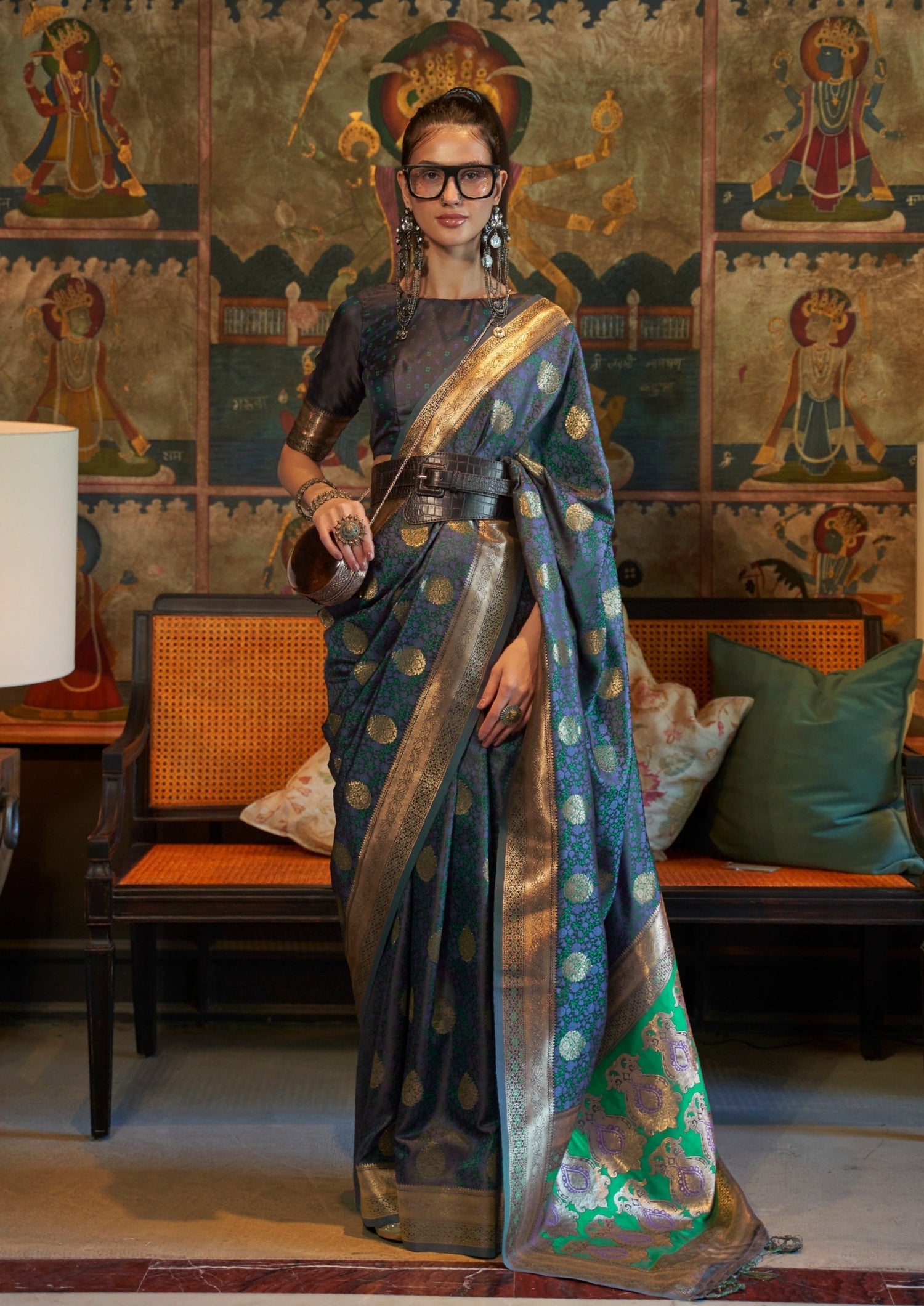 Bride in Teal Blue Pure Banarasi Satin Silk Handloom Saree Blouse