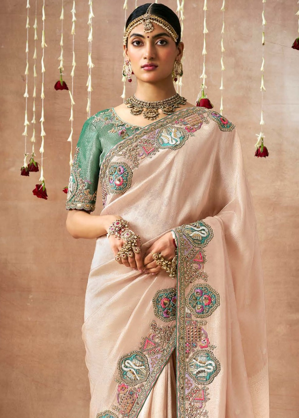 Shop tissue silk peach saree usa online for women and girls.