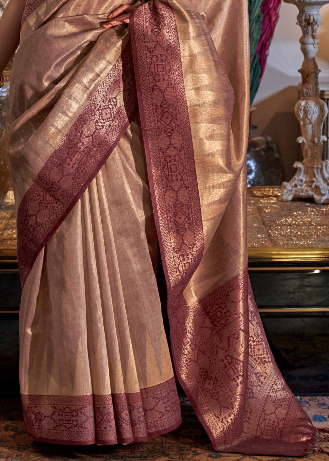 Designer banarasi tissue silk handloom saree london uk online for Indian wedding in pastel brown color.