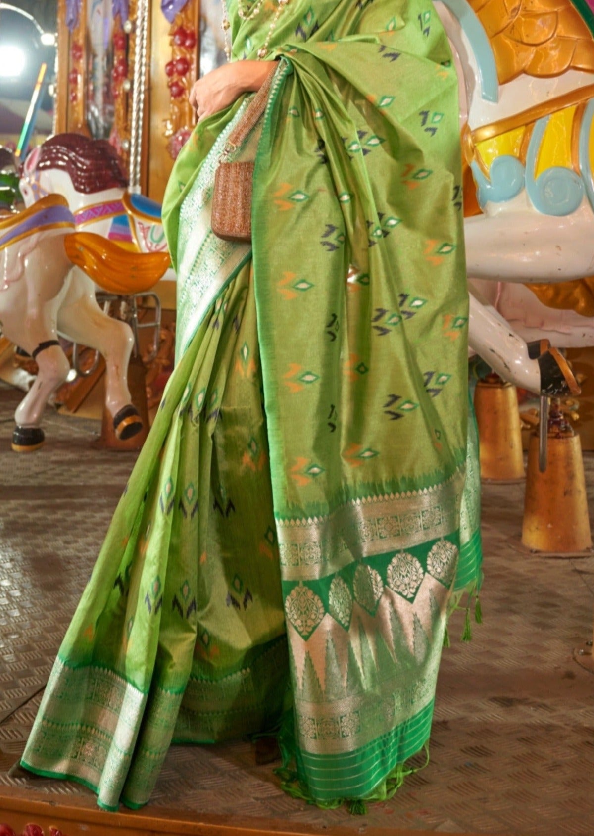 Traditional banarasi cotton silk handloom patola green saree online.