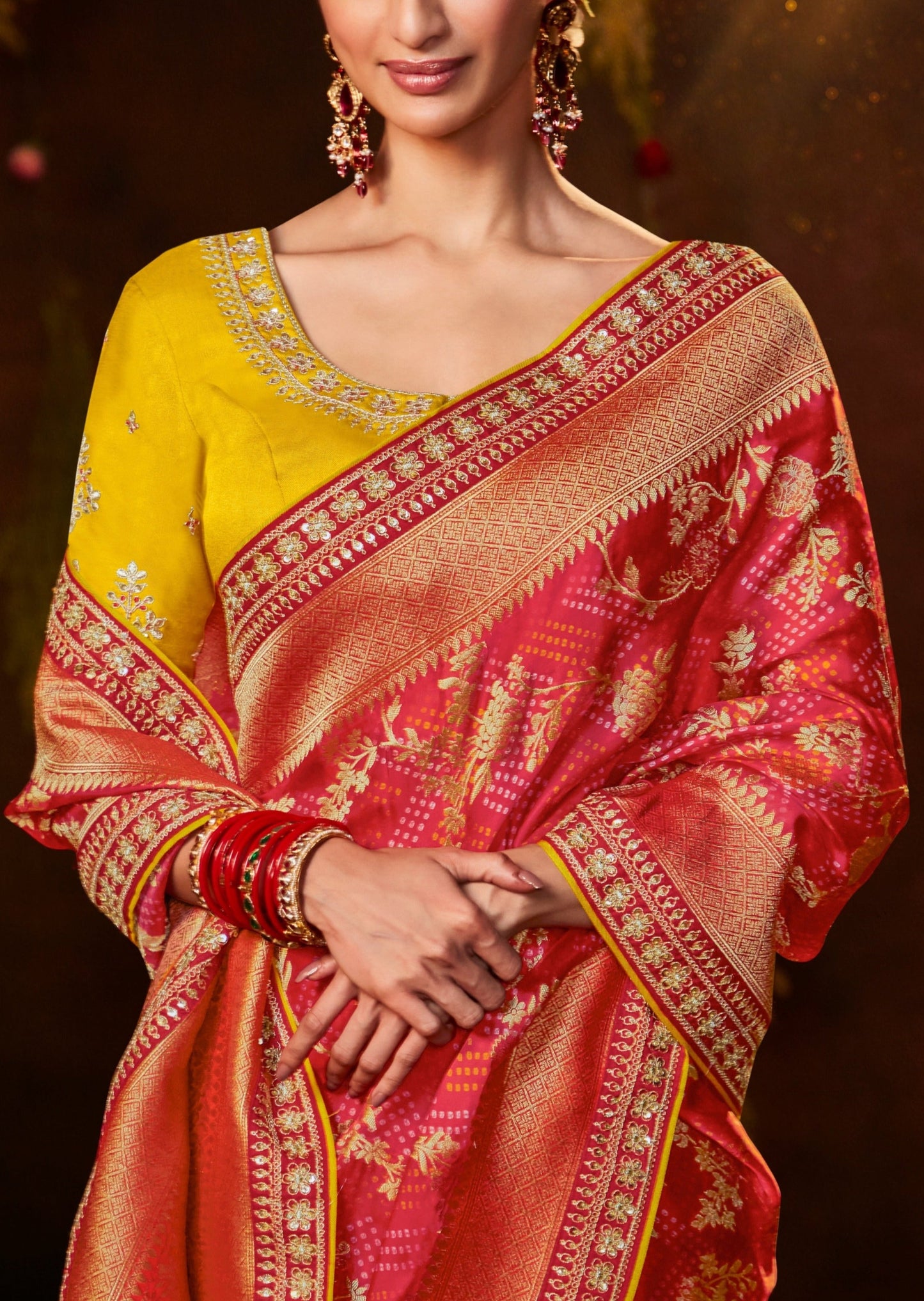 Traditional look bandhani saree usa online shopping price with contrast yellow blouse.