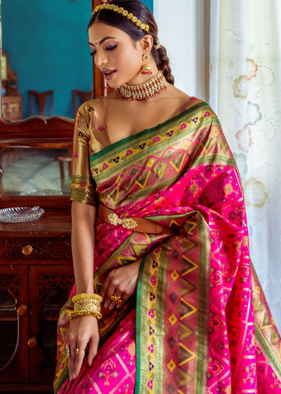 Traditional pink banarasi patola handloom silk saree online shopping price.