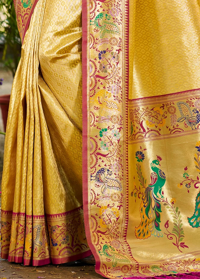 Golden Yellow Paithani Silk Saree With Peacock Motifs