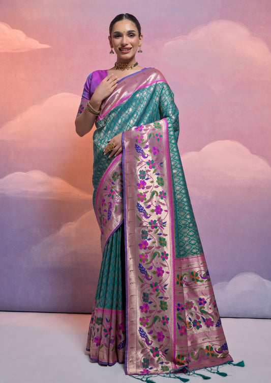 Triple muniya border paithani silk green handloom saree online shopping price.
