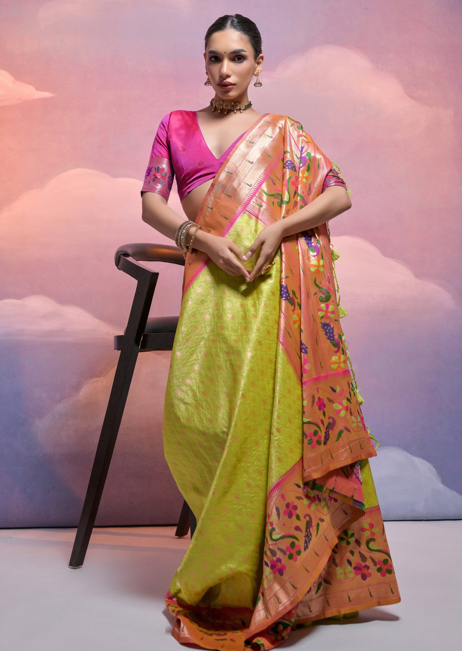 Triple muniya border paithani silk green saree online shopping price.