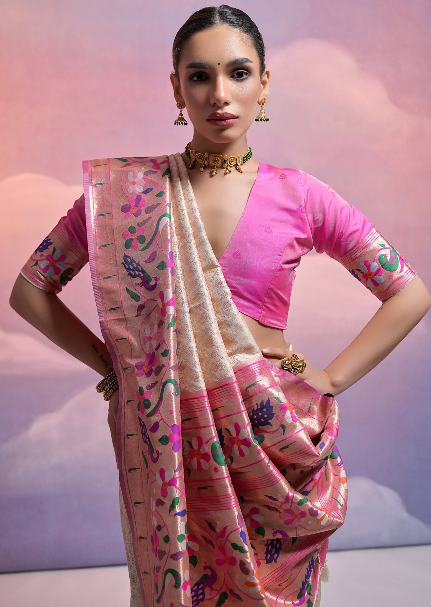 Triple muniya border paithani-silk-off white handloom saree pink blouse.