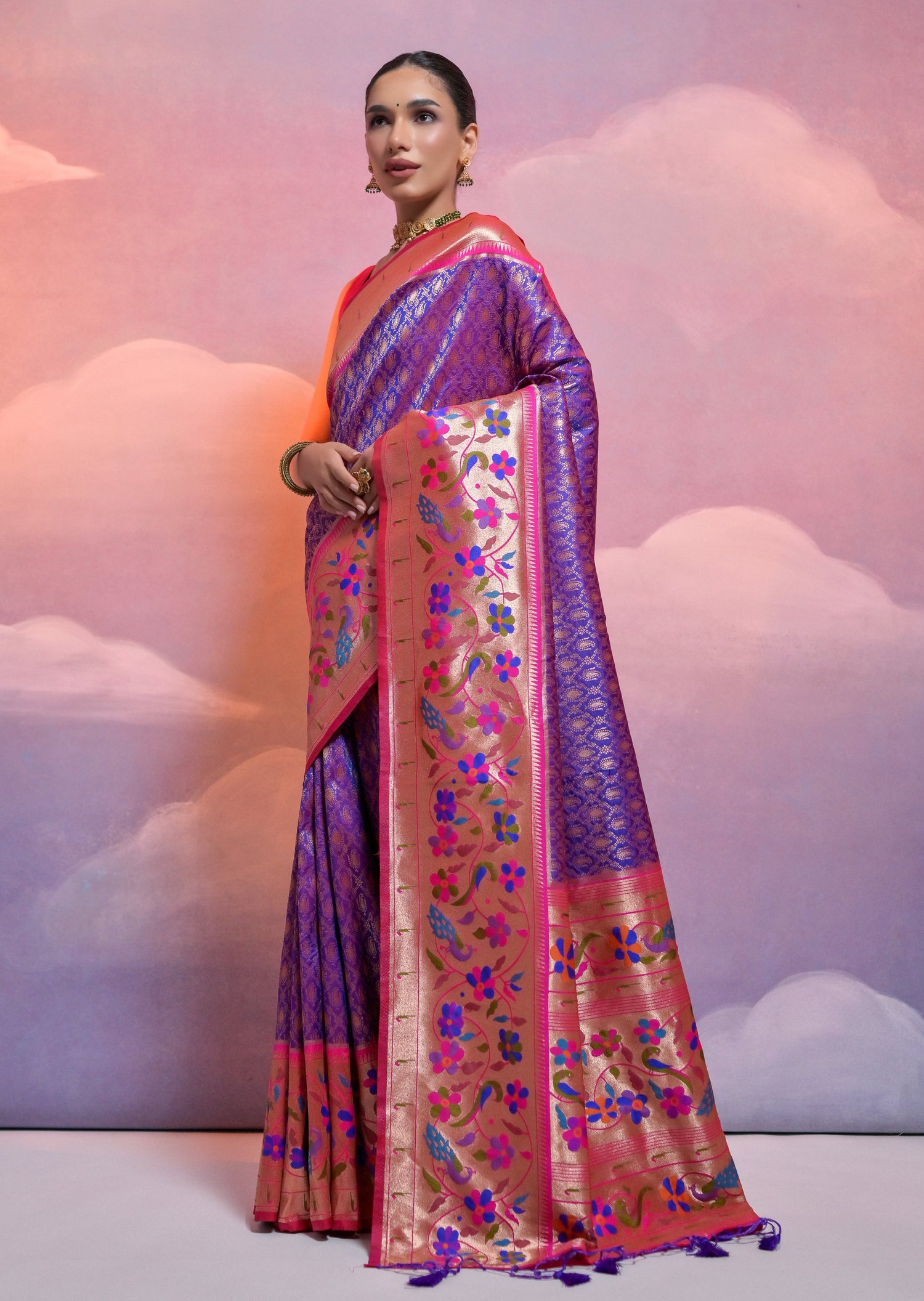 Triple muniya border paithani silk purple handloom bridal saree online price.