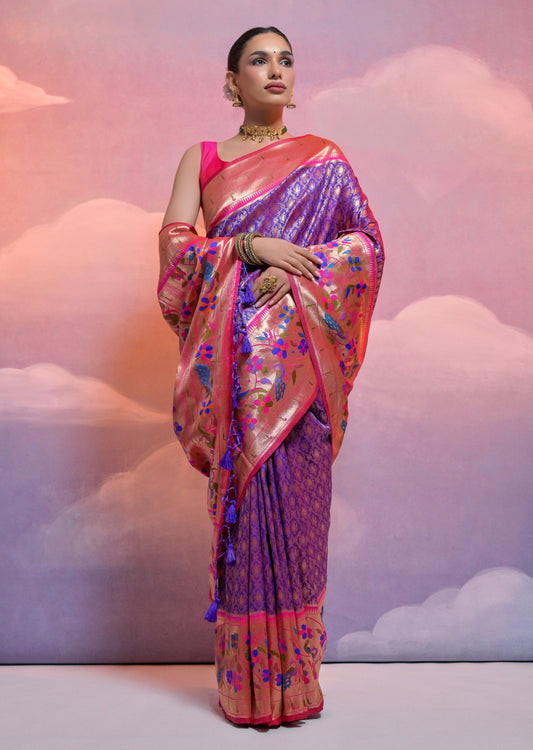 Triple muniya border paithani silk purple handloom saree online with red blouse.