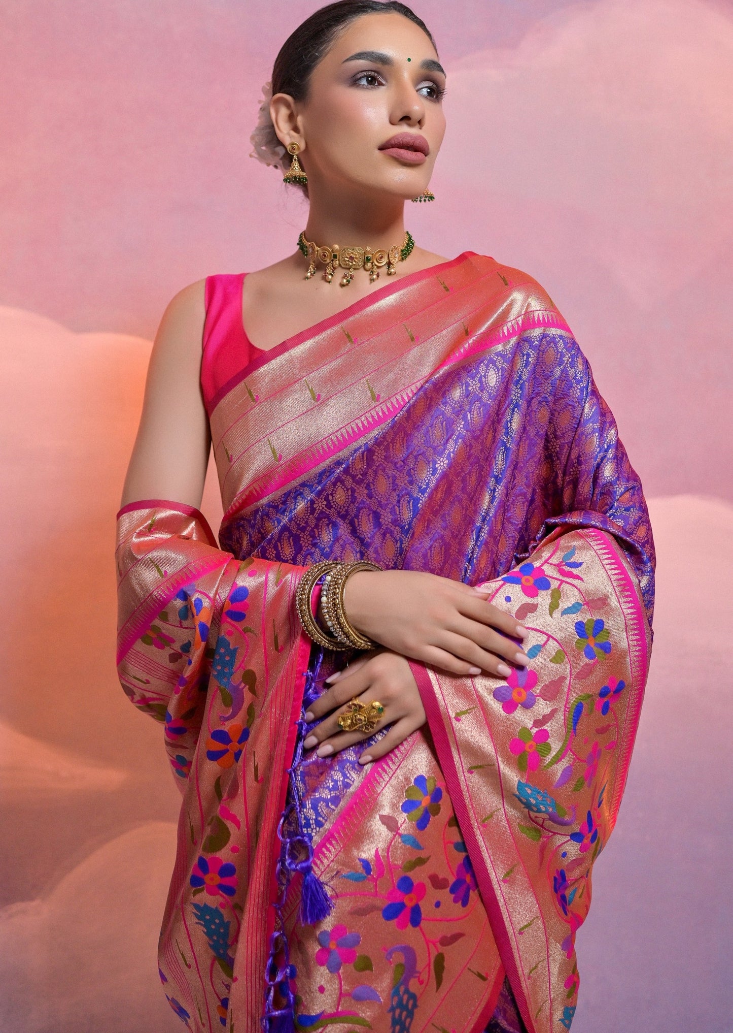 Triple muniya border paithani silk purple handloom saree online with price.