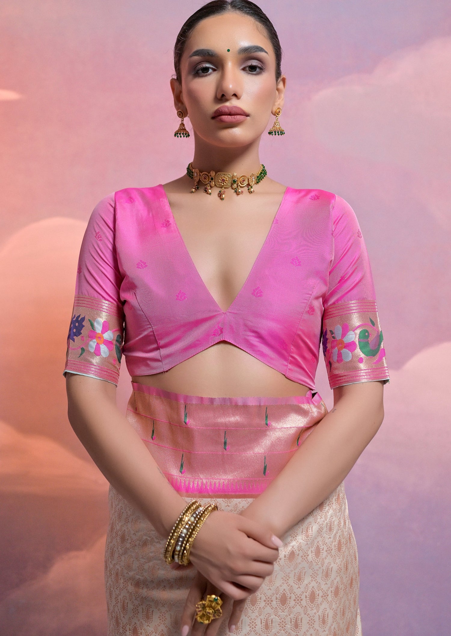 Triple muniya border paithani silk white handloom saree pink blouse.