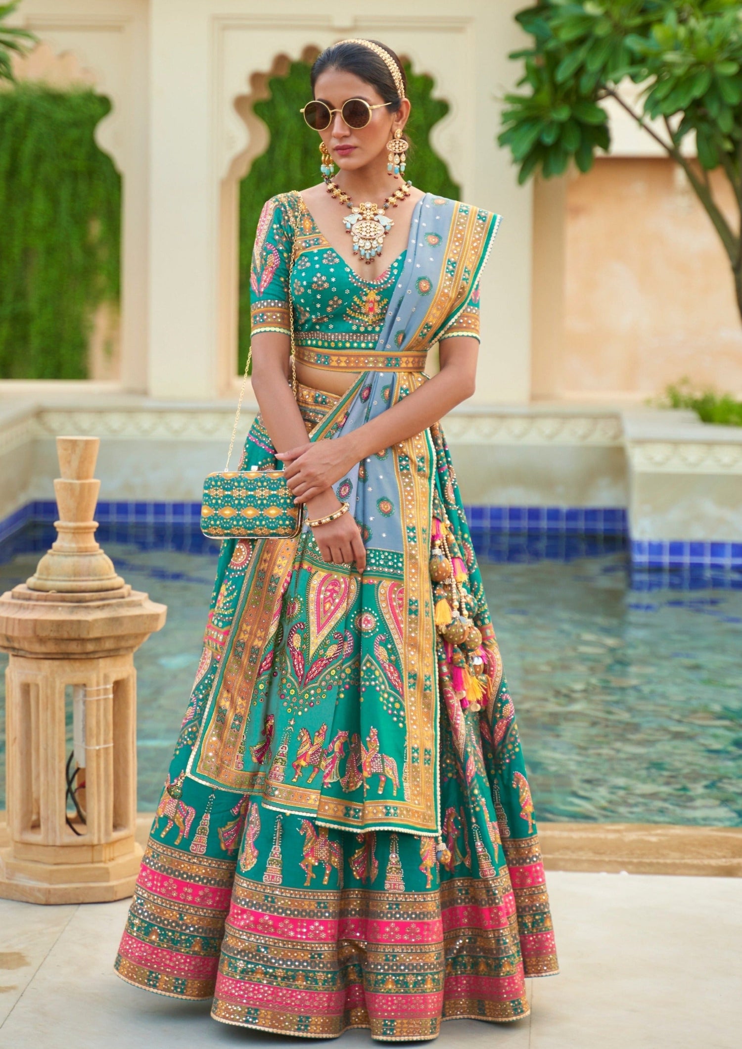 Turquoise Blue Designer Silk Bridal Lehenga Choli