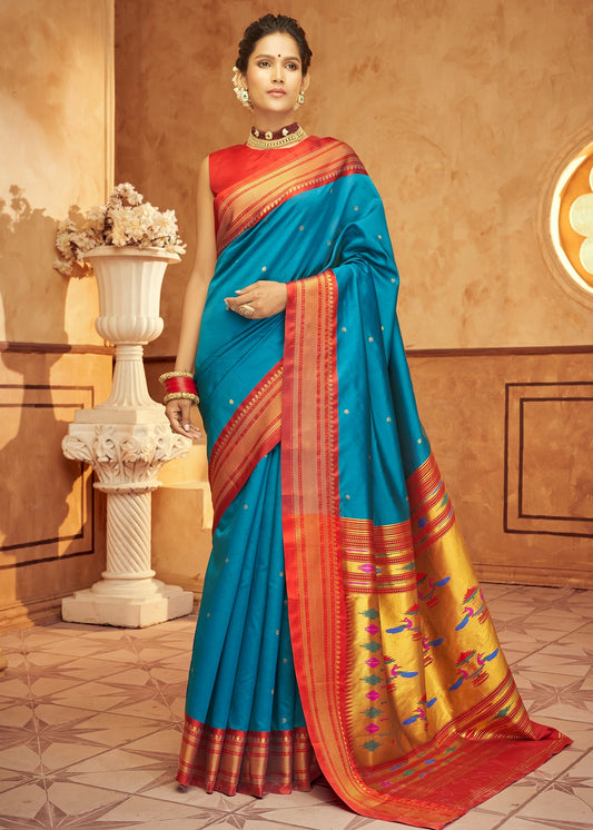 Turquoise blue paithani silk saree in usa online shopping for wedding.