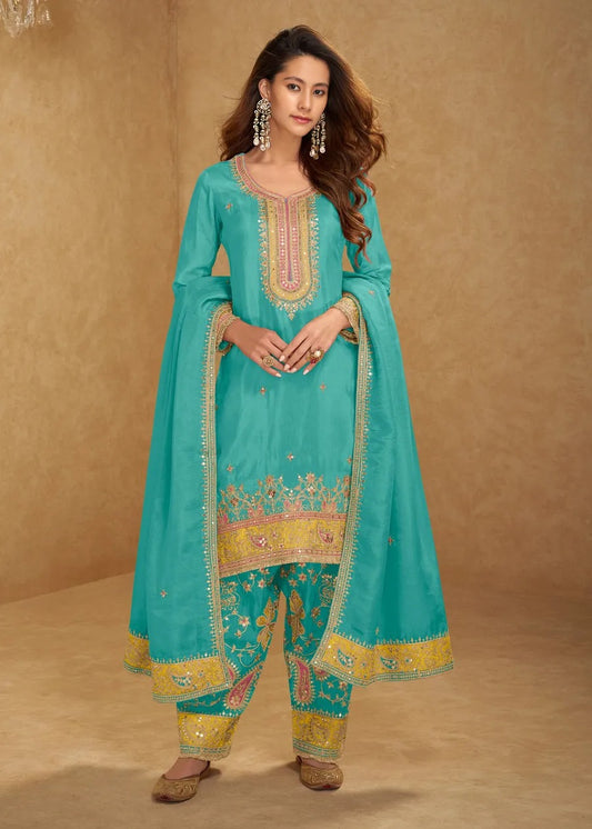 Turquoise Blue Simar Silk Narrow Pant Suit Set With Dupatta