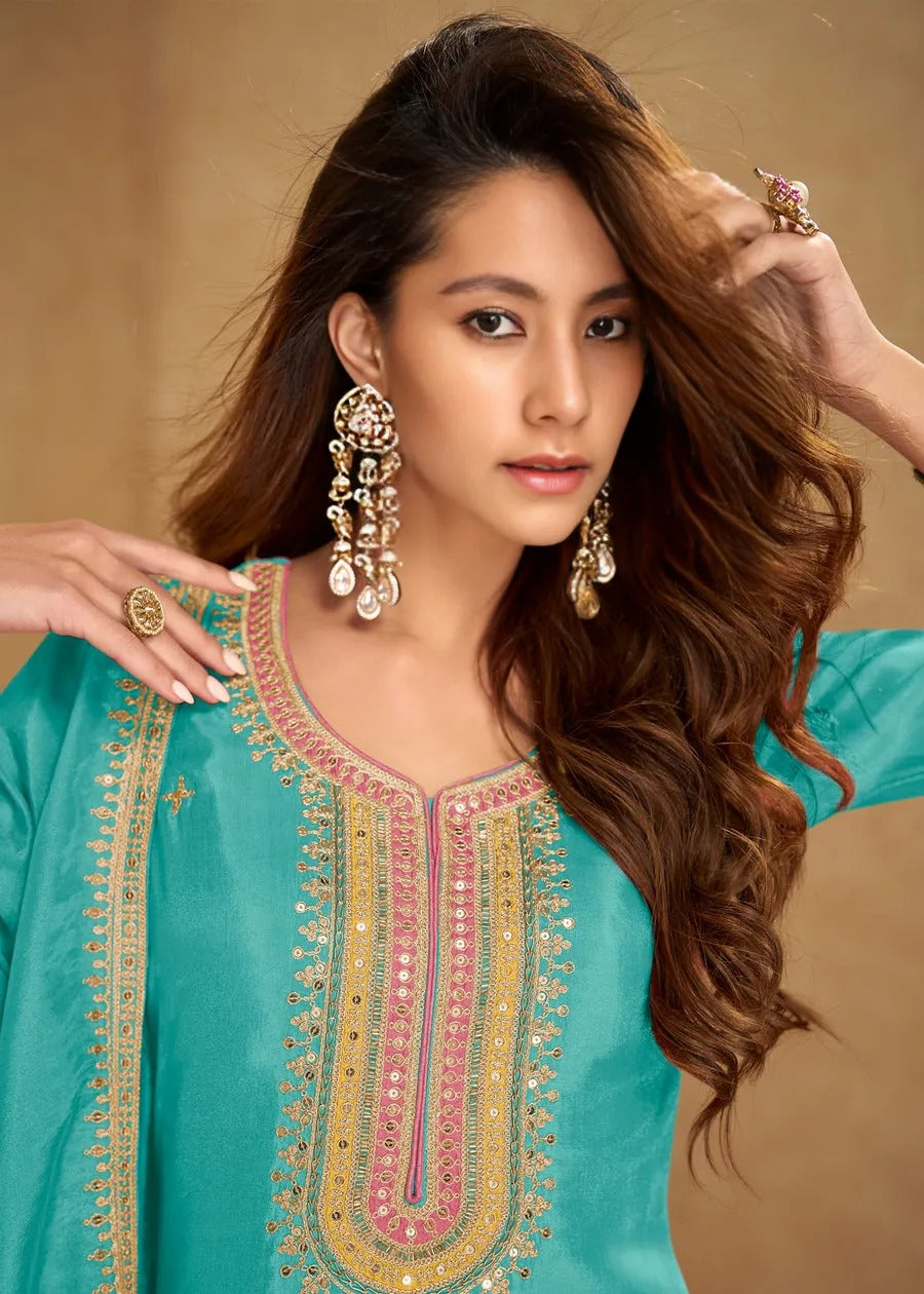 Turquoise Blue Simar Silk Narrow Pant Suit Set With Dupatta