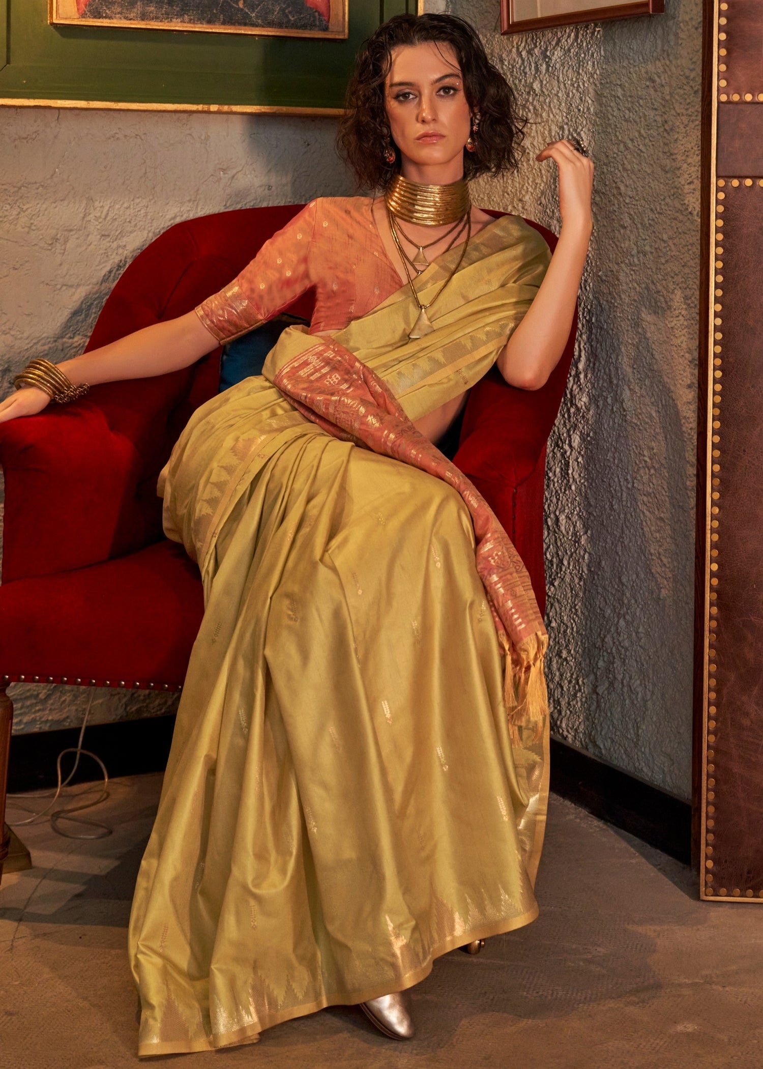 Tussar silk handloom sarees in usa online in yellow color.