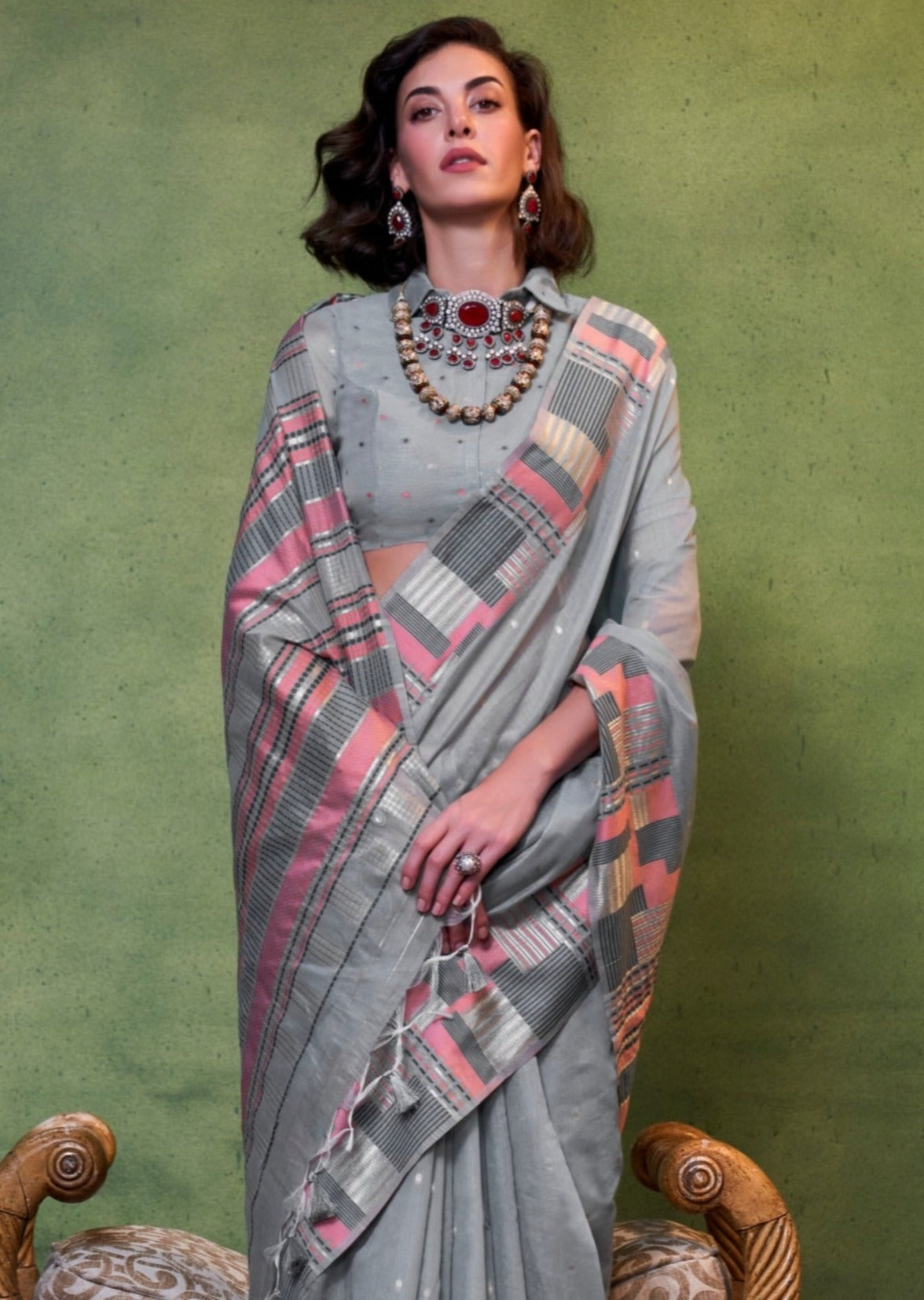 Usa cotton silk saree blouse online shopping designs in grey color with fall pico.