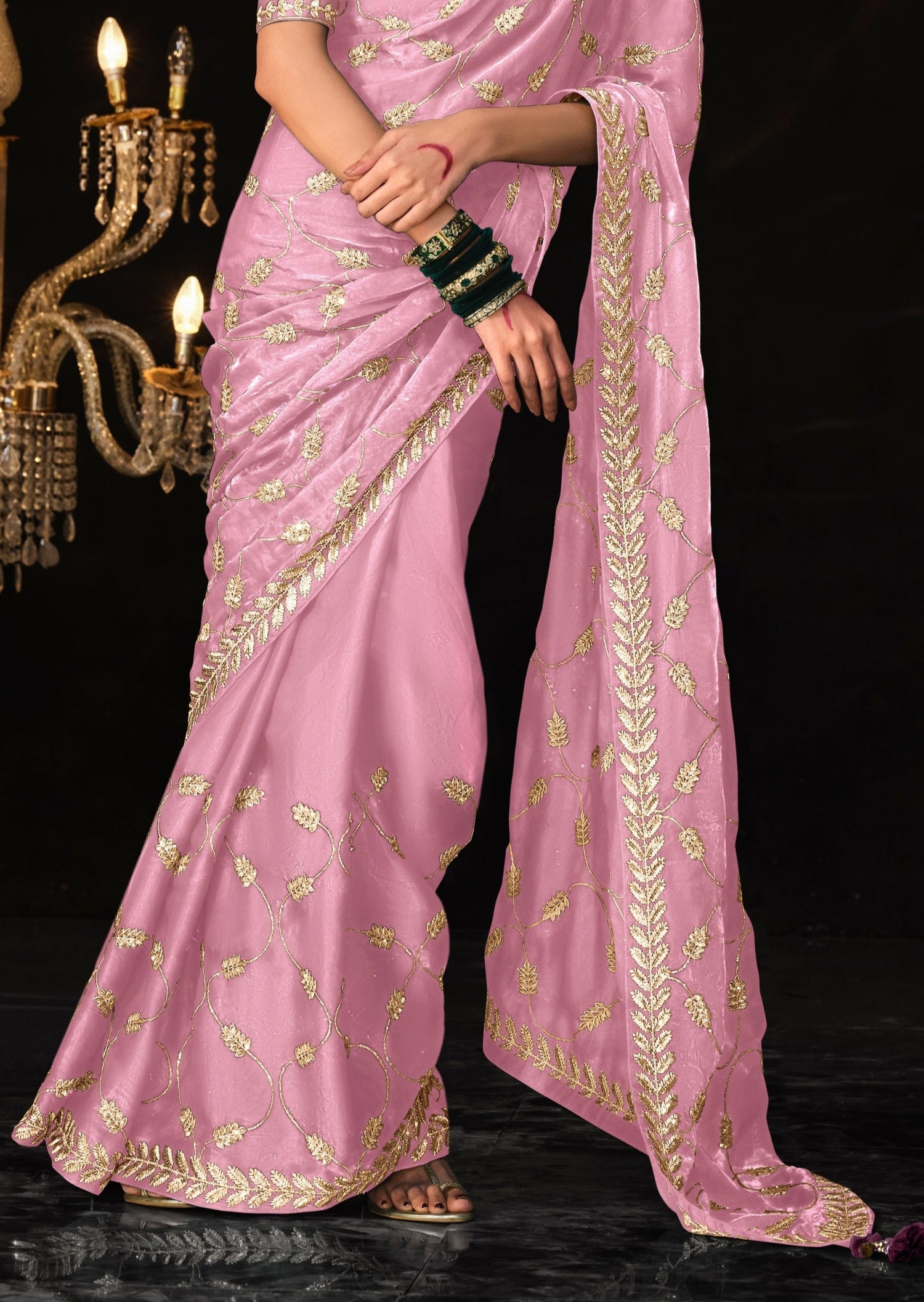 Usa organza silk saree online shopping in pastel pink color.