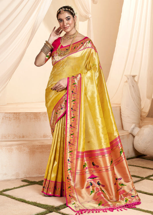 Usa paithani tissue silk yellow saree online shopping for wedding with fast delivery to usa.