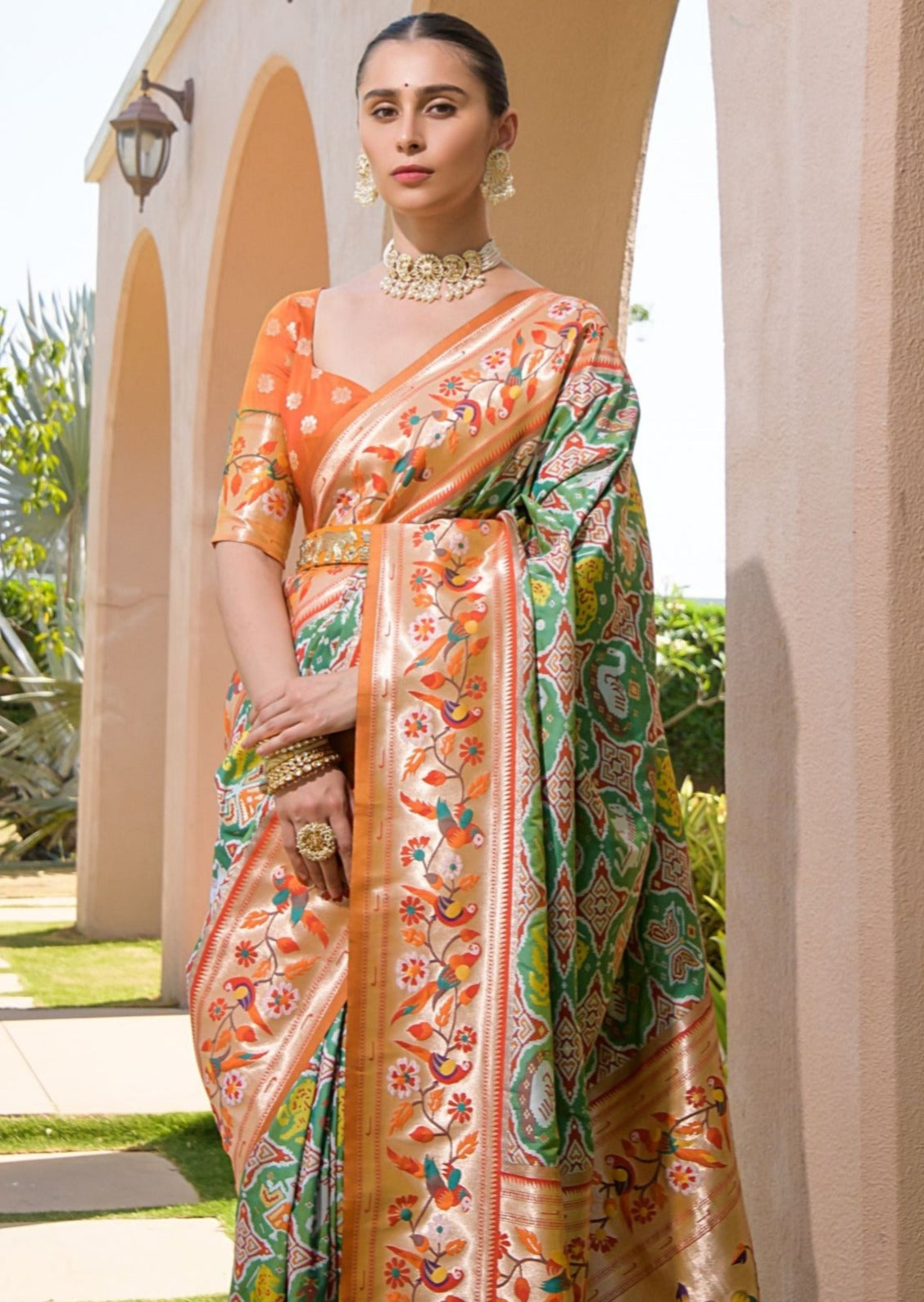 Usa patola paithani handloom silk original saree in green orange color combination online shopping with price and fast shipping to usa.