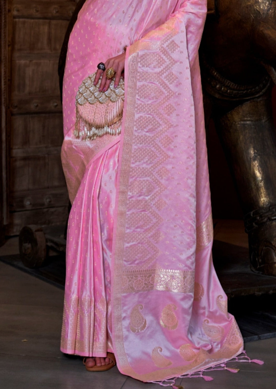 Usa store collection of pure banarasi satin silk blush pink handloom saree online shopping with price.