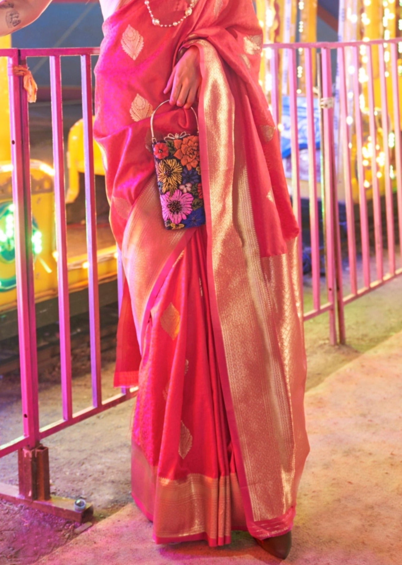Vermilion red silk saree for bride online.