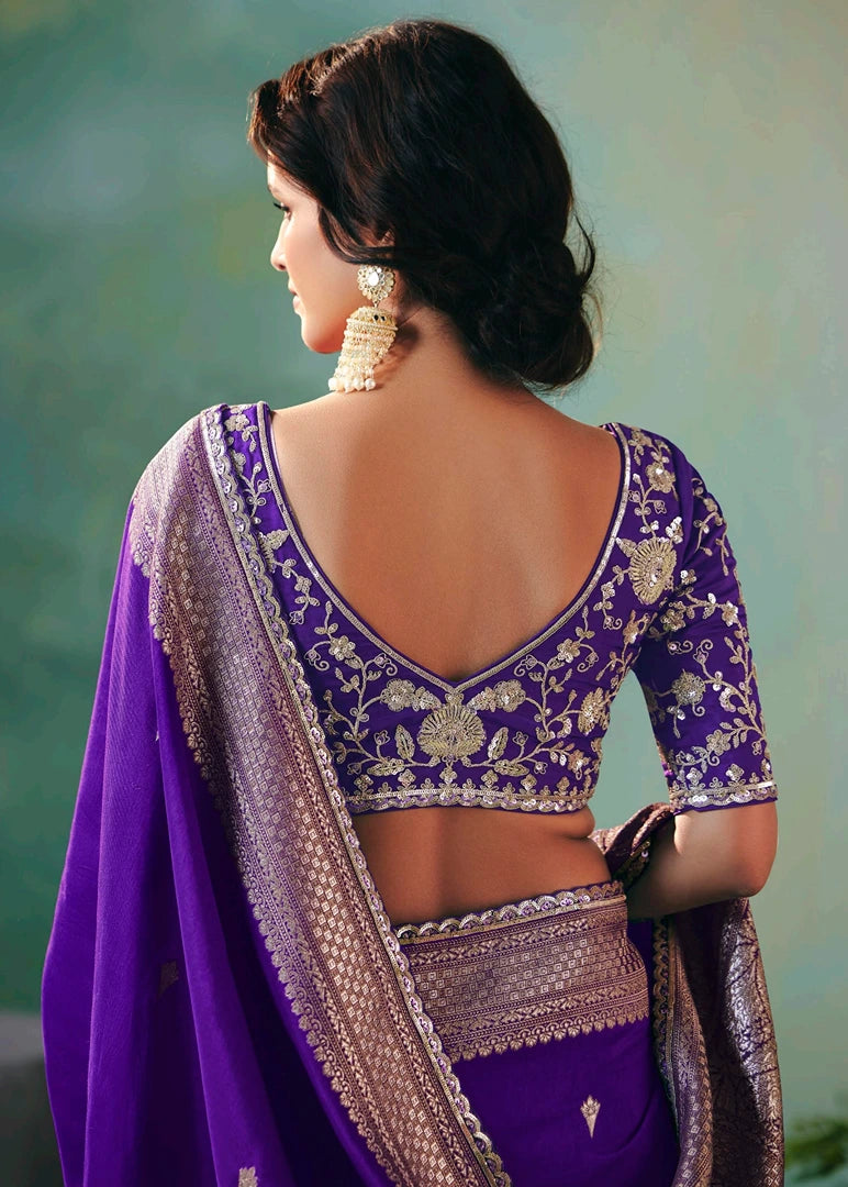 Elegant violet purple banarasi silk saree in usa and london uk with matching blouse perfect for bridal trousseau and grand occasions.