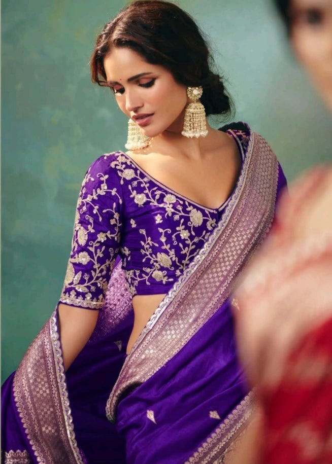 Violet purple banarasi silk saree in usa with embroidered blouse available online in usa for weddings and parties.