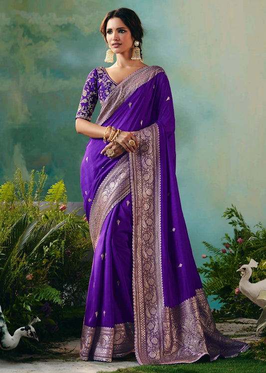 Violet purple dola banarasi silk saree with zari weaving and embroidered blouse available in new york usa & london uk for wedding or festive wear.