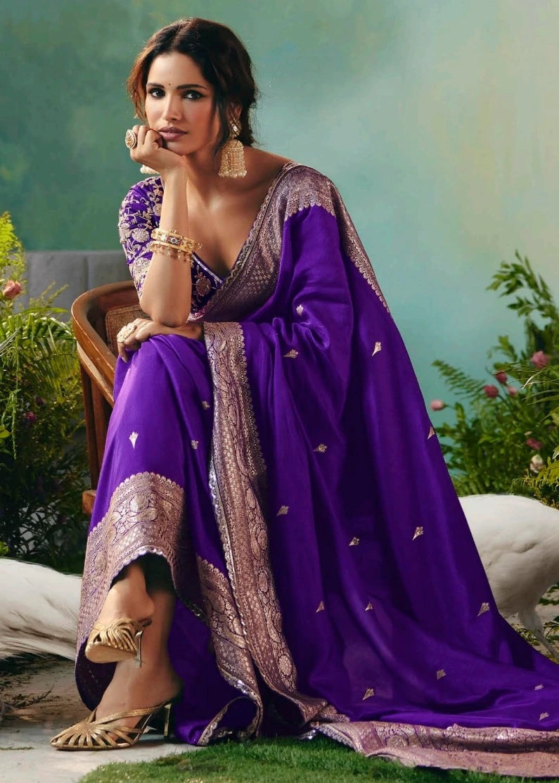Handloom violet purple dola banarasi silk saree with embroidery available online in new york usa and london uk at best price & fast delivery.
