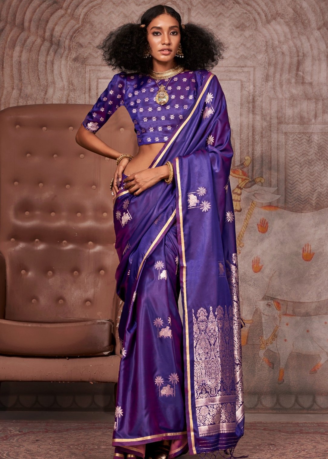 Violet purple color banarasi satin silk handloom saree online shopping for wedding function look.