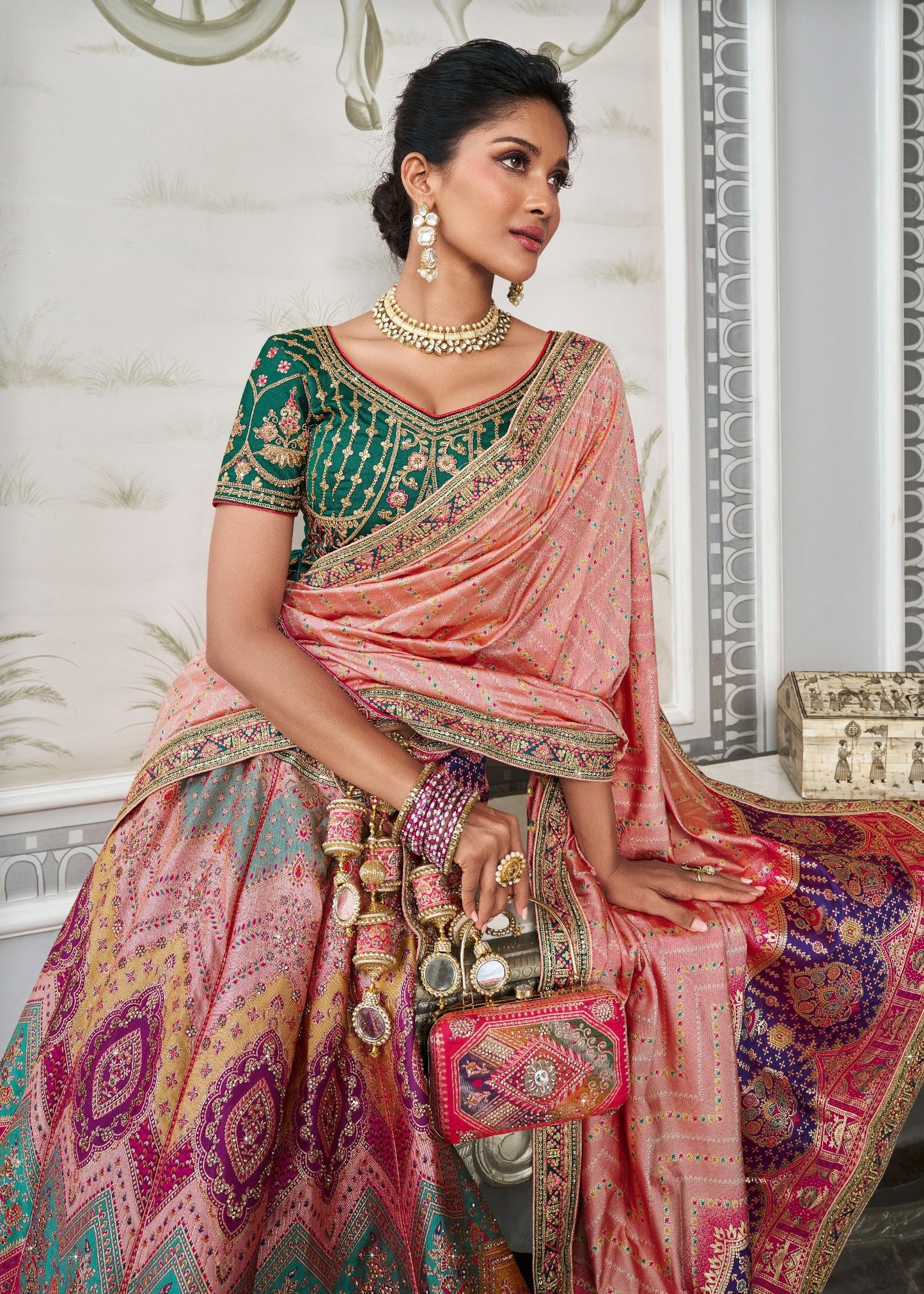 Wedding lehenga choli in london uk online shopping for bride in multicolor designs and dark green blouse.