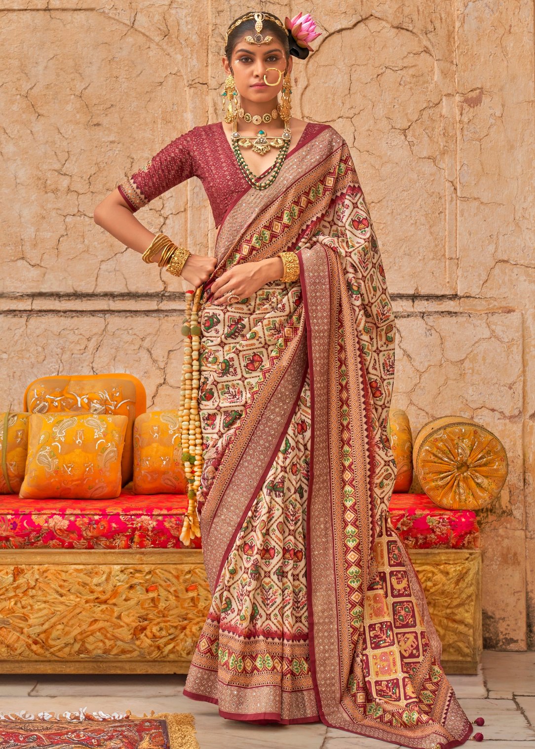 Designer off white and red patola silk saree online shopping for wedding function look at best price.