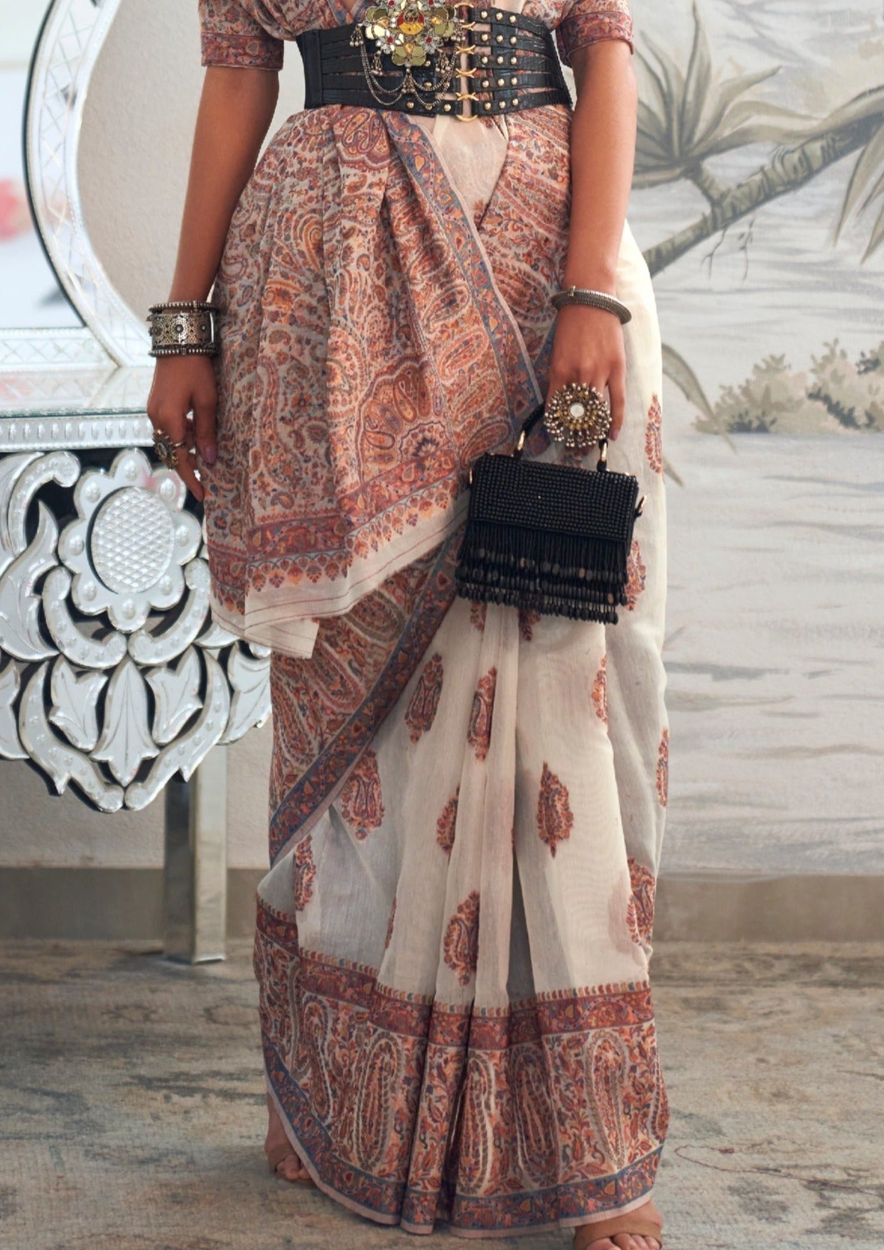White pure kashmiri silk handloom saree design.