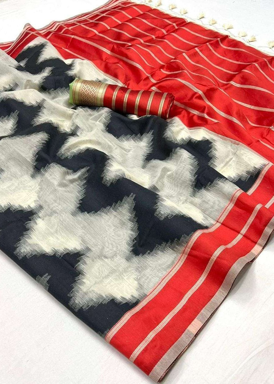 Off White and Red Cotton Silk Handloom Saree