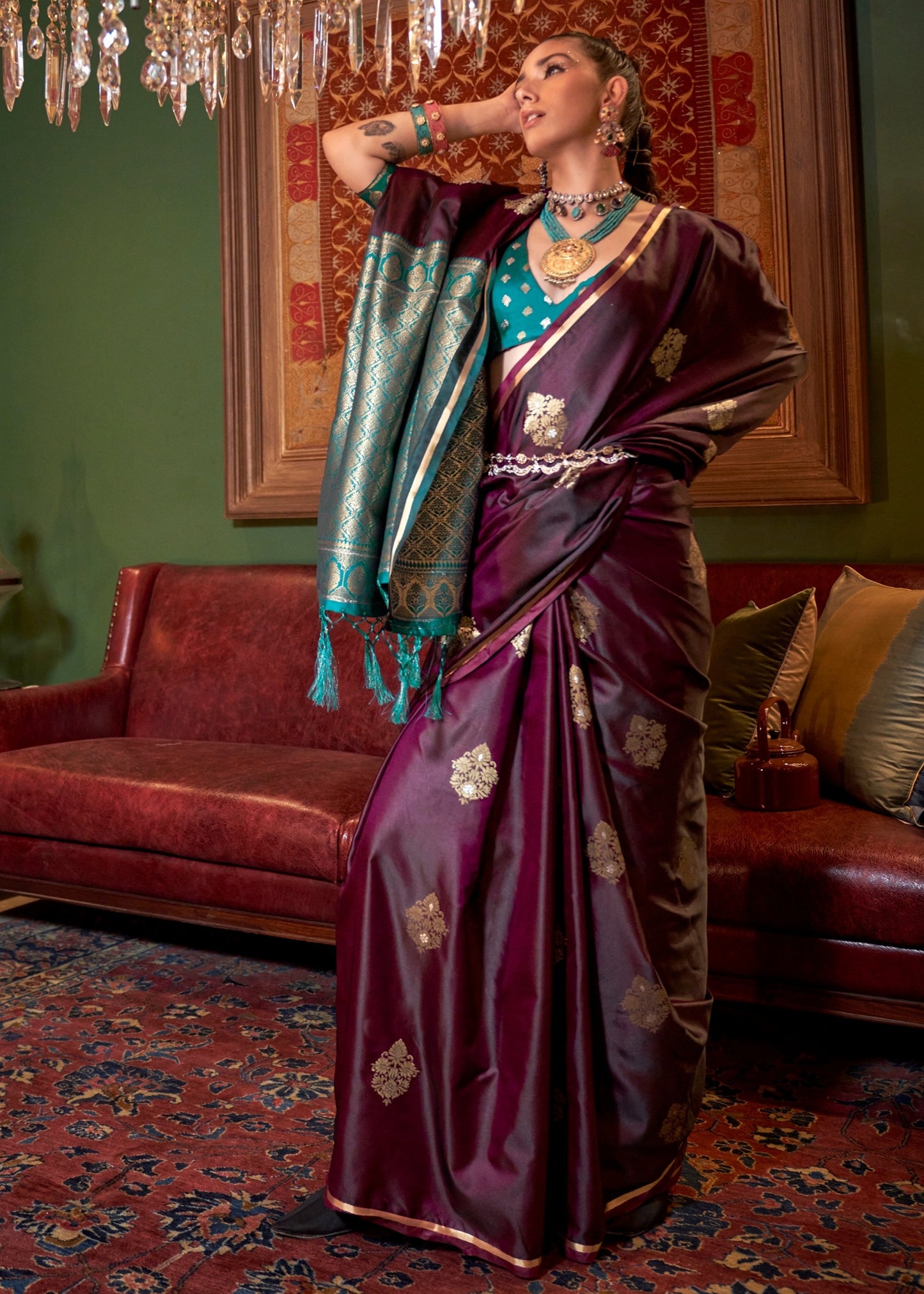 Wine saree with contrast green blouse usa online shopping for bride & bridesmaids.