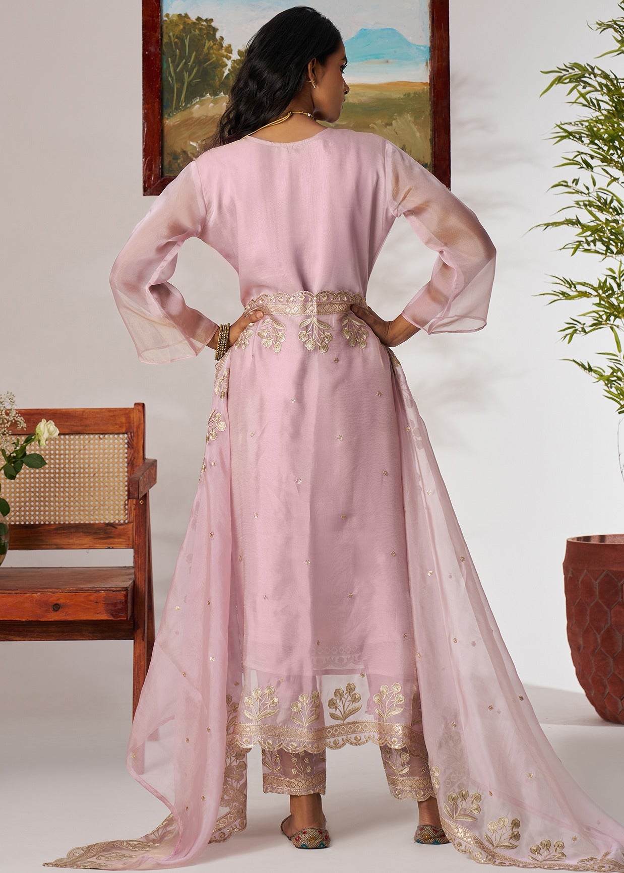 Full-length view of pure organza pastel pink unstitched salwar suit set available in usa at best price.